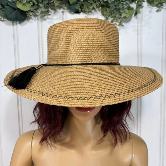 Women's Tan Wide Brim Straw Sun Hat Rancher Boho Vacation Summer - Picture 1 of 12